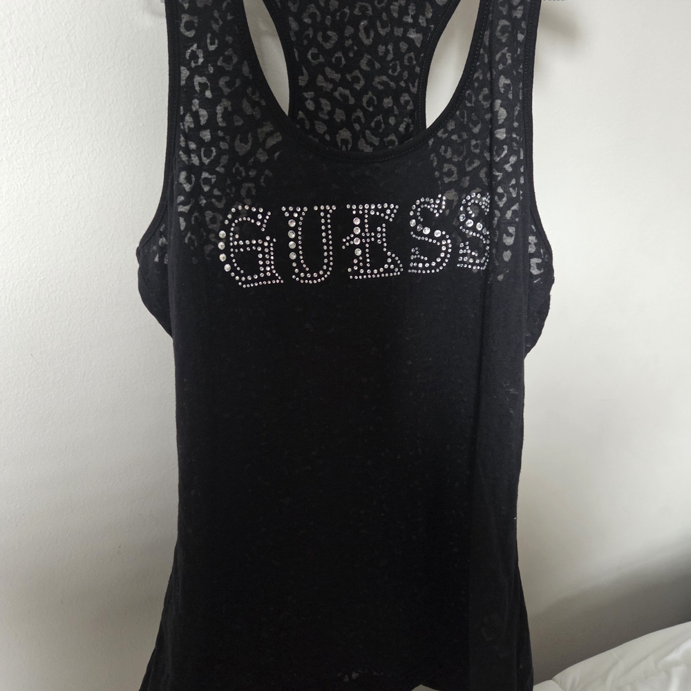 Y2K GUESS Rhinestone Tank -Sheer Leopard Print Racerback - Picture 3 of 4